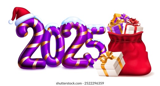 Large purple stylized number 2025 sprinkled with snow on top, with a festive Christmas design reminiscent of a candy cane, with Santa hat and bag of gifts, with soft shadow, on a white background.