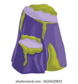 Large purple tree stump with cracked wood showing and covered in green moss