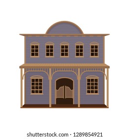 Large purple two-storey western house with wood swinging doors and porch. Old wild west saloon. Flat vector icon