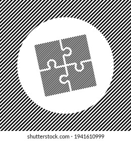 A large puzzle symbol in the center as a hatch of black lines on a white circle. Interlaced effect. Seamless pattern with striped black and white diagonal slanted lines