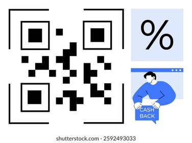 Large QR code, percentage symbol, and person holding a cashback sign. Ideal for digital marketing, retail discounts, online shopping, promotions, and customer rewards. Modern graphic style