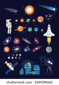 Large quality flat vector astronomy, outer space exploration and cosmonautics themed illustration set with astronaut, spacecrafts, planets, galaxies, solar system, observatory, telescope, etc. 