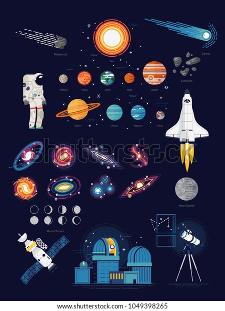 Large quality flat vector astronomy, outer space
exploration and cosmonautics themed illustration set with
astronaut, spacecrafts, planets, galaxies, solar system,
observatory, telescope, etc.
