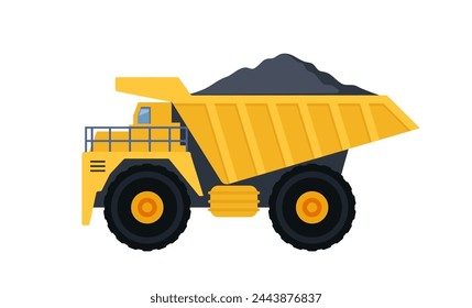 Large quarry dump truck. Equipment for the high-mining industry. Side view. Coal mining process and transportation. Vector illustration