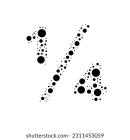 A large quarter fraction symbol in the center made in pointillism style. The center symbol is filled with black circles of various sizes. Vector illustration on white background