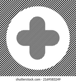 A large quatrefoil symbol in the center as a hatch of black lines on a white circle. Interlaced effect. Seamless pattern with striped black and white diagonal slanted lines