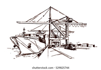 Large Quay Cranes and Container Ship. Sketch