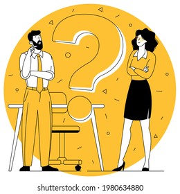Large question mark. Flat design vector concept for FAQ and helpline banner template. Office workers solving the problem.