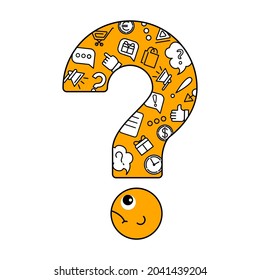 A large question mark with information icons inside.