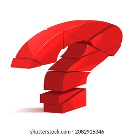 Large question mark. Searching for answer. Broken Question Mark exploding, Query breaking to pieces, vector 3d realistic illustration.