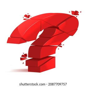 Large question mark. Searching for answer. Broken Question Mark exploding, Query breaking to pieces, vector 3d realistic illustration.