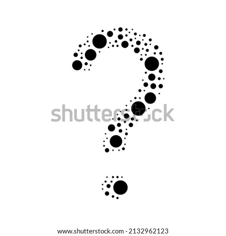 A large question symbol in the center made in pointillism style. The center symbol is filled with black circles of various sizes. Vector illustration on white background