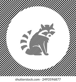A large raccoon symbol in the center as a hatch of black lines on a white circle. Interlaced effect. Seamless pattern with striped black and white diagonal slanted lines