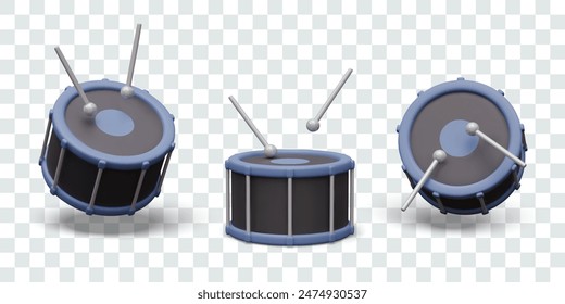 Large realistic drum in different positions. Classic percussion instrument