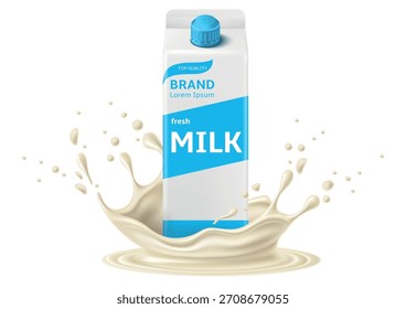 Grande caja de embalaje realista con salpicaduras de leche sobre fondo blanco. Productos lácteos pasteurizados. Salpicaduras de leche líquida. Bebida natural. Maqueta del paquete Tetra. Caja de cartón. Contenedor de comestibles de Vector