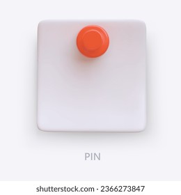 Large realistic paper pin. Vector banner on colored background, place for text. Reminder, thumbtack. Plastic pushpin for map. Advertising of stationery store