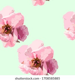 Large realistic pink peonies flowers on a light sage green color background. Seamless vector pattern. Design for fabric and wallpaper.
