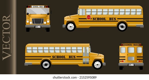 Large realistic school bus.
Image of a classic school bus, from different sides.
Vector illustration.