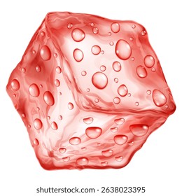 Large realistic translucent ice cube in red colors with water drops on its surface, isolated on a white background. Transparency only in vector format.