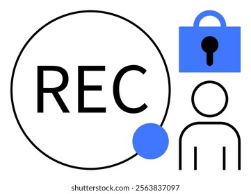 Large REC circle icon with a blue dot alongside a person outline and a blue padlock. Ideal for security, recording, privacy, surveillance, and information protection themes. Clean, modern design