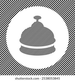 A large reception bell symbol in the center as a hatch of black lines on a white circle. Interlaced effect. Seamless pattern with striped black and white diagonal slanted lines