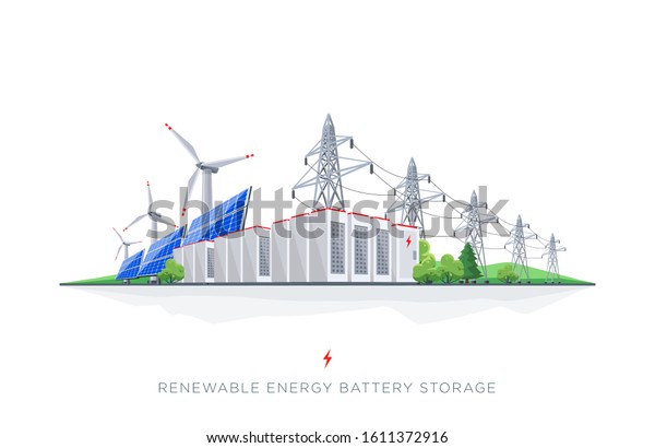 Large rechargeable battery energy storage\
with renewable electric power generation. Backup system with solar\
panels, wind turbines, high voltage electricity power transmission\
on white background.