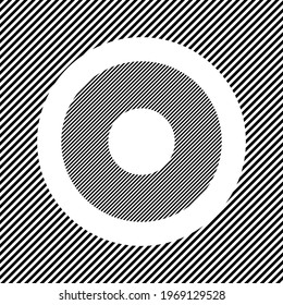 A large record media symbol in the center as a hatch of black lines on a white circle. Interlaced effect. Seamless pattern with striped black and white diagonal slanted lines