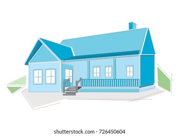 Large rectangle blue abstract house with colored panels and a grey line drawing