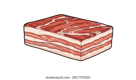 Large rectangular slab of raw streaky bacon shows alternating layers of red meat and white fat in a realistic digital illustration.