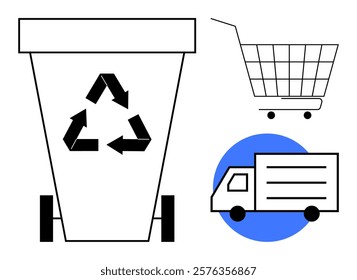 Large recycling bin with symbol next to shopping cart and delivery truck. Ideal for recycling waste management e-commerce and delivery services environmental sustainability and consumerism