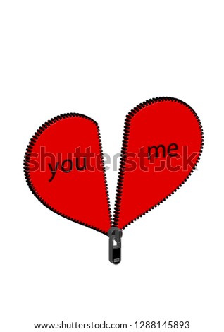Large red 3D + heart divided into two halves that can be attached to each other with a zipper. Black text you me. We belong together. Valentine's Day.