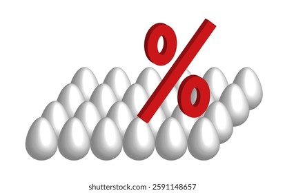 Large red 3d Percentage sign on white eggs background. Retail industry. Bird flu. Inflation rate concept. Crisis. Stock Market. Grocery Store. Vector illustration. Food prices increased by percent.