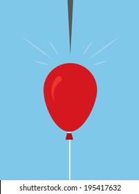 Large red balloon about to be popped by pin 