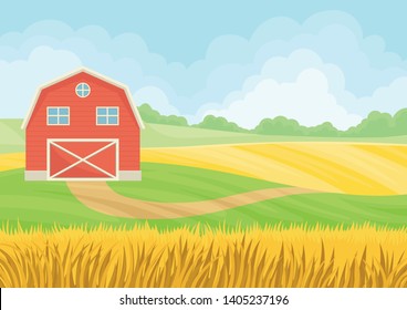 Large red barn in a field of wheat. Vector illustration on white background.