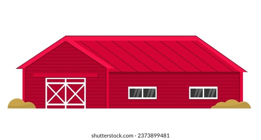 Large red barn for industry and agriculture. Rustic barn with windows for hay, crops, feed and machinery. Wooden barn with a red metal roof and small green bushes. Isolated on white background.