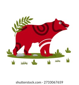 grande urso vermelho andando através do prado verde com plantas e pequenas flores