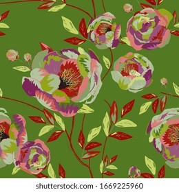 Large red buds and peonies flowers surrounded by leaves on a green background. Floral seamless pattern. Vector illustration with plants.
