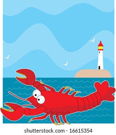 A large red cartoon style lobster. The background is the ocean with a light house on the horizon.