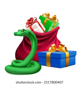 Large red Christmas bag of gifts and green snake, symbol of 2025, with soft shadows on a white background.