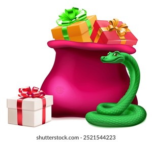 Large red Christmas bag of gifts and green snake, symbol of 2025, with soft shadows on a white background.