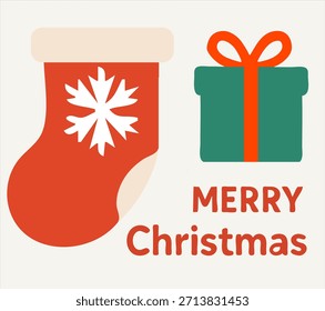 A large red Christmas stocking with a white snowflake is paired with a festive green gift box. The words Merry Christmas appear on the white space below.