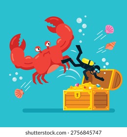 A large red crab menacingly approaches a diver who is exploring a treasure chest filled with gold and jewels underwater.