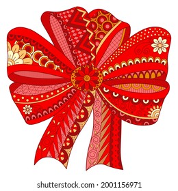 A large red decorative bow with a doodle pattern. An isolated object for design.