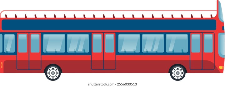 Large, red, double decker bus, designed for sightseeing tours, featuring an open top deck, large windows, and multiple doors for easy access, perfect for urban exploration and travel experiences