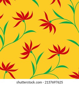 Large red flowers on yellow background - vector image