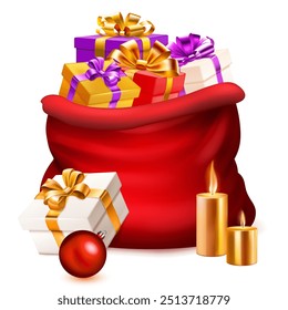 Large, red gift bag filled with various Christmas presents. It is placed on a white surface next to two lit candles and a small red ball.