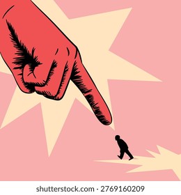 A large red hand points down at a minuscule human figure, symbolizing oppression, dominance, and the imbalance of power in society.
