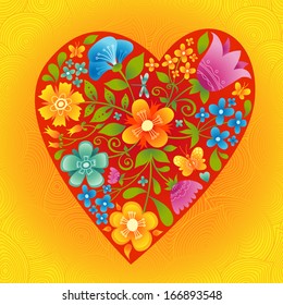 Large red heart with flowers on a bright seamless background. Romantic floral wallpaper. It can be used for decorating of wedding invitations, greeting cards, decoration for bags and clothes.