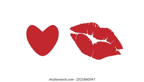 Un Grande corazón rojo y labios rojos sobre un fondo blanco