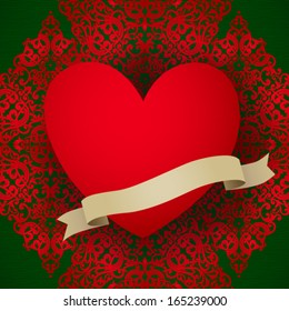 Large red heart on baroque ornament in Victorian style. Green background and red element for design. It can be used for decorating of invitations, greeting cards, decoration for bags and clothes.